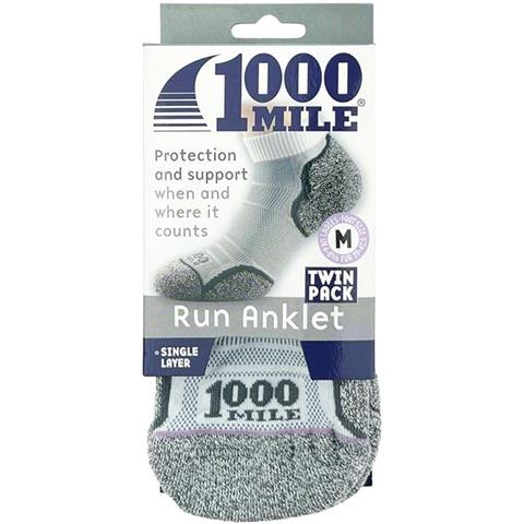 1000 Mile Run Anklet Mens White Socks (Twin Pack)